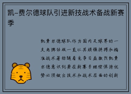 凯-费尔德球队引进新技战术备战新赛季